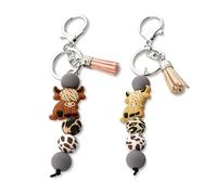 Rnemitery Highland Cow Keychain With Beads Tassel, 2 Pcs 3D Silicone Beaded Keyring With Metal Clip, Cute Animal Keychain For Women Men, Farmhouse Style Bag Car Decor