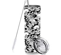 RNFENQS Black Skull Skinny Tumbler Cup with Straw Lid, 20 OZ Floral Calavera Insulated Vacuum Halloween Slim Travel Coffee Mug for Skull Lover