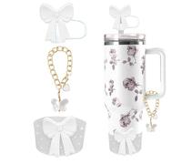 RNFVJH 3pcs Sports Water Bottle Accessories Set for Stanley Cup 30oz 40oz Tumbler, Includes Bow Straw Cover, Shiny Protective Silicone Boot Sleeve, Bow Charm, no Cup (White)