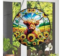Rngmsi Highland Cow Stained Glass Window Hanging, 7.8" Sunflower Cow Sun Catchers Indoor Window Decor, Suncatchers for Windows Hanging Gifts for Women