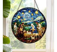 Rngmsi Nativity Scene Stained Glass Window Hanging, Sun Catchers Indoor Window Gifts for Grandma Mom Women, Christmas Nativity Wall Art Decor for Home Garden Birthday