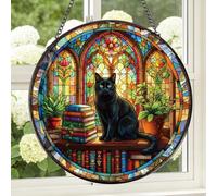 Rngmsi Stained Glass Window Hanging, 8 Inch Sun Catcher Cat and Book Theme Gift for Housewarming, Decorative Suncatchers Gifts for Wall Art Landscape Hanging Home Decor
