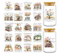 Rngmsi Vintage UV DTF Cup Wrap - 20 Sheets Reading Books UVDTF Decals for 16 oz Glass Cups, Flower Waterproof Bookish Rub on Transfer Stickers for Water Botters, DIY Crafts Book Lover Gift