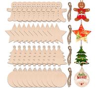 RNHDLY 40 Pcs Wooden Christmas Decorations - DIY Wooden Christmas Shapes with Holes and String for Tree Decoration