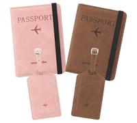 RNIEGA 2 Set Passport Covers Holder for Travel Leather Rfid Passport Wallets Holder for Mr and Mrs, Pink+Brown
