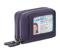 RNIEGA Credit Card Holder Wallet RFID Blocking Leather Small Wallet for Women Double Zipper Wallet with ID Window, A-Dark Purple, Compact