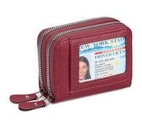 RNIEGA Credit Card Holder Wallet RFID Blocking Leather Small Wallet for Women Double Zipper Wallet with ID Window, A-Burgundy, 4.13 x 3.34 x 1.77 inches, Classic