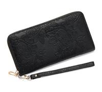 RNIEGA Wallet Women Clutch Leather Wristlet Wallet Fashion Embossed RFID Blocking Credit Card Holder with Strap, Black