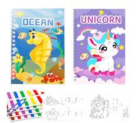 Rnigra 2 Colouring Books for Children, Water Colour Painting Set for Kids, with Brush, Crafts Gift for Kids Ages 3, 4, 5, 6, for Travel Activity, Creative Pastimes, Marine Animals & Ponies