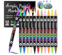 Rnigra 24 Colors Acrylic Paint Pens, 12 Pack Dual tips Acrylic Markers for Rock Painting, Canvas, Wood, Glass, Ceramic, Fabric, Plastic, Egg & Scrapbook. Soft Brush Tips Paint Markers