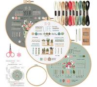 Rnigra 3 PCS Embroidery Kit for Beginners DIY Starter Kit with 34 Stitch Techniques, Embroidery Hoop, Stamped Patterns, Colorful Threads, Tools, Step by Step Instructions & Video Tutorial