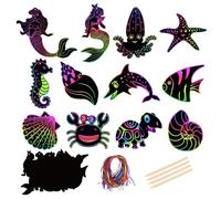 Rnigra Rainbow Scratch Art 12PCS, Scratch Art for Kids, Marine Animal Craft DIY Tags with Wooden Stylus and Ribbons for Boys Girls Classroom Birthday Gifts