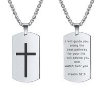 Rnivida Men's Bible Verse Cross Tag Pendant Necklace, Stainless Steel Christian Inspirational Necklace Jewelry for Men, L, Stainless Steel, No Gemstone