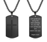 Rnivida Men's Bible Verse Cross Tag Pendant Necklace, Stainless Steel Christian Inspirational Necklace Jewelry for Men, L, Stainless Steel, No Gemstone