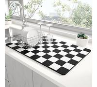 Rnivvi Dish Drying Mat for Kitchen Counter, 12 x 19" Cute Checkered Absorbent Draining Pad, Non-Slip Heat Resistant Coffee Bar Mats for Coffee Machine Station Accessories, Black White Dish Rack Pad