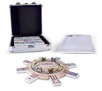 RNK Gaming Mexican Train Dominoes Set Double 12 Color Dots with Wooden Hub 8 Metal Trains and Aluminum Case