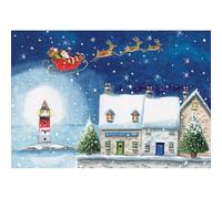 RNLI Lifeboats Charity Christmas Cards - Pack of 5 - Festive Snowy Seaside Scenes - Made in The UK - Eco-Friendly - Premium Gloss Finish (Santa over Village Lighthouse)
