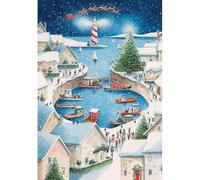 RNLI Lifeboats Charity Christmas Cards - Pack of 5 - Festive Snowy Seaside Scenes - Made in The UK - Eco-Friendly - Premium Gloss Finish (Festive Boats in Harbor)
