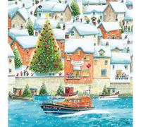 RNLI Lifeboats Charity Christmas Cards - Pack of 5 - Festive Snowy Seaside Scenes - Made in The UK - Eco-Friendly - Premium Gloss Finish (Snowy Coastal Village)