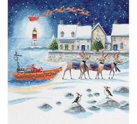 RNLI Lifeboats Charity Christmas Cards - Pack of 5 - Festive Snowy Seaside Scenes - Made in The UK - Eco-Friendly - Premium Gloss Finish (Santa Pulled by Lifeboat Reindeers)