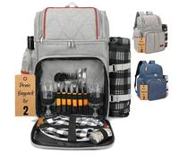 Rnoony Large Picnic Backpack for 2, Picnic Basket for 2 with Insulated Cooler and Bottle Pouch, Picnic Bag with Lightweight Blanket and Cutlery Set for Family, Couple and Hiking
