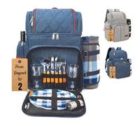 Rnoony Picnic Backpack for Camping, Picnic Basket for 2 with Insulated Cooler Bag and Bottle Pouch, Picnic Bag with Lightweight Blanket and Cutlery Set for Family, Couple and Hiking