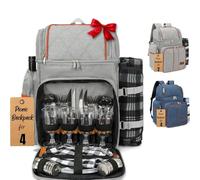 Rnoony Picnic Backpack for Camping, Picnic Basket for 4 with Insulated Cooler Bag and Bottle Pouch, Picnic Bag with Lightweight Blanket and Cutlery Set for Family, Couples and Hiking