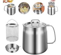 RNPKZ 304 Stainless Steel Oil Filter Pot, 2L Oil Strainer Pot with Filter Basket Mesh & Dust-Proof Lid, Multifunctional Bacon Grease Container, Cooking OilFilter for Storing Frying OilCooking Grease