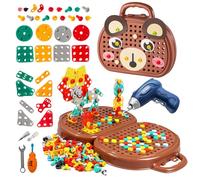 RNPKZ 3D Take Apart Toys, 204 PCS Creative Drill Toy for Kids, Montessori Play Toolbox with Electric Drill Screw Tool Set, Creative Mosaic Puzzle Toy with Brown Bear Storage Box for Kids (Brown)