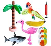 RNPKZ 9 Pack Inflatable Palm Tree Flamingo Shark Parrot Banana Beach Balls Set with Air Pump, Hawaiian Party Decorations, Inflatable Pool Toys, Tropical Party Decorations, Pool Party Inflatables