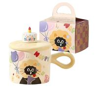 RNPKZ Cute Cake Cat Ceramic Mug, 380 ML Cute Cat Coffee Mug with Gift-Ready, Novelty Handmade Mugs, Kawaii Kitty Cups with Lids, Funny Novelty Cats Breakfast Mugs for Girls Friend Kids Wife (Yellow)