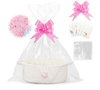 RNPKZ Empty Hamper Basket, 1Pcs Gift Baskets Empty with 2 Bags & 2 Pull Bows & 5 Greeting Cards & 1 Pack Shredded Paper,Cotton Rope Basket for Baby Shower Wedding Birthday Christmas Graduations (Pink)