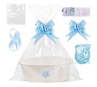 RNPKZ Empty Hamper Basket, 1Pcs Gift Baskets Empty with 2 Bags & 2 Pull Bows & 5 Greeting Cards & 1 Pack Shredded Paper,Cotton Rope Basket for Baby Shower Wedding Birthday Christmas Graduations (Blue)