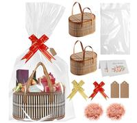 RNPKZ Empty Hamper Basket, 2PCS Gift Basket Hamper Kit with Handles, Woven Bamboo Hamper Baskets with Wrap Bags, Raffia and Pull Bows for Baby Shower Wedding Birthday Christmas Graduations, 30x20x16cm