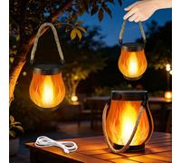 RNPKZ Hanging Solar Lantern, Waterproof Outdoor Solar Lantern with Realistic Dancing Flame, Dual Charging USB-Solar Powered Hemp Rope Hanging Lantern, Solar Flame Light for Outside,Yard Camping(2PCS)
