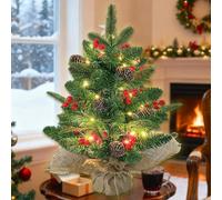RNPKZ Mini Christmas Tree, 60 cm Pre-Lit Artificial Tabletop Christmas Tree with Lights, Mini Fir Artificial Small Xmas Tree, Tabletop Tree Christmas Decoration for Bedroom Fireplace Mantel Office