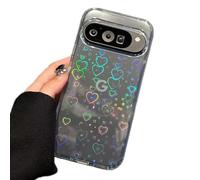 Rnrieyta Clear Laser Glitter Heart Case for Google Pixel 10/10 Pro,Holographic Love Hearts Colorful Ray Rainbow Cover Florescent Iridescent Women Girls Hard PC Shockproof Bumper