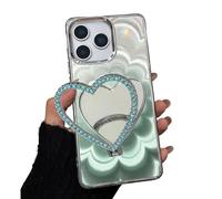 Rnrieyta Laser Shiny Cover for iPhone 14 Pro,Soft Silicone Clear 3D Mandala Flower Bumper Makeup Case with Diamond Heart Mirror Kickstand Stander for Girls Women