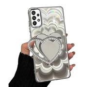 Rnrieyta Laser Shiny Cover for Samsung Galaxy A32 5G,Soft Silicone Clear 3D Mandala Flower Bumper Makeup Case with Diamond Heart Mirror Kickstand Stander for Girls Women