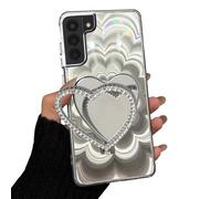 Rnrieyta Laser Shiny Cover for Samsung Galaxy S21 FE,Soft Silicone Clear 3D Mandala Flower Bumper Makeup Case with Diamond Heart Mirror Kickstand Stander for Girls Women