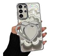 Rnrieyta Laser Shiny Cover for Samsung Galaxy S23 Ultra,Soft Silicone Clear 3D Mandala Flower Bumper Makeup Case with Diamond Heart Mirror Kickstand Stander for Girls Women