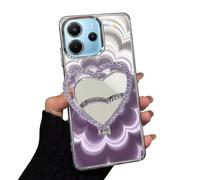 Rnrieyta Laser Shiny Cover for Xiaomi Redmi Note 14 4G,Soft Silicone Clear 3D Mandala Flower Bumper Makeup Case with Diamond Heart Mirror Kickstand Stander for Girls Women