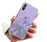 Rnrieyta Miagon Glitter Cover for Xiaomi Redmi 9A,Soft Slim Silicone Protective Cute Clear Sparkly Bling Star Bumper Case for Girls Women,2 Butterfly Purple