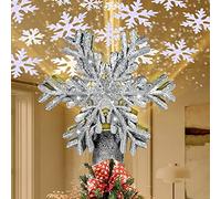 RNSSEZ Snowflake Christmas Tree Topper Decorations, 3D Silver Glittered with LED Rotating Snowflake Projector for Holiday Tree Decoration