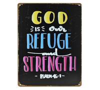 RNUMLIGH Retro God Is Our Refuge And Strength Metal Sign Scripture Verse Wall-Art for Home Office Decor Faith Motivational Tin Plaque 8 X 12 inch