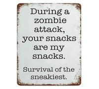 RNUMLIGH Sarcastic Survival Metal Tin Sign My Zombie Plan Involves Eating All the Snacks First Wall-Art for Man Cave Garage 8 X 12 in