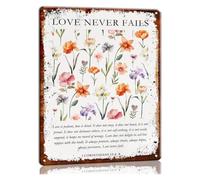 RNUMLIGH Scripture Metal Sign 1 Corinthians 13 4-8 Love Definition Passage Vintage Botanical Art Wildflower Motif Tin Plaque for Bedroom Office 8 X 12 inch
