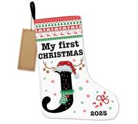RNYJJ Baby First Christmas Stockings Personalized with Name, Initial Letter J Hanging Stocking for Newborn Baby Boy Girl, Burlap Xmas Stocking for Fireplace Mantel Holiday Decor