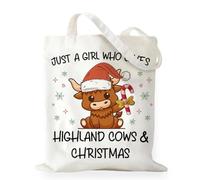 RNYJJ Christmas Highland Cow Tote Bag Gifts for Women Girl Cows Lovers Cowgirl, Preppy Xmas Winter Holiday Canvas Tote Bag, Just a Girl Who Loves Highland Cow
