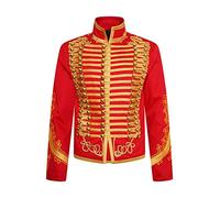 Ro Rox Adam Men’s Marching Band Military Jacket, Military Drummer Parade Jacket for Festivals, Stage Performances, Themed Parties, Cosplay Events, Red & Gold, L